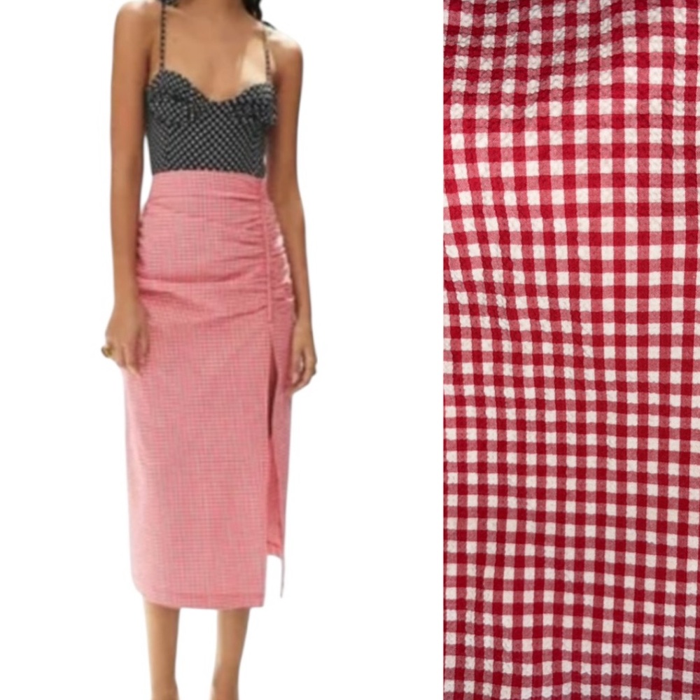 Zara Red and White Gingham Printed Ruched Side Slit Midi Skirt - XS